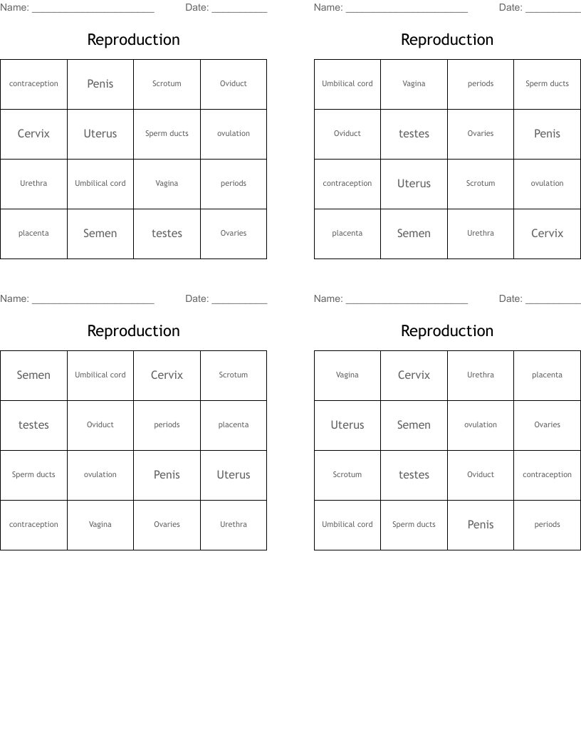 Reproduction  Bingo Cards