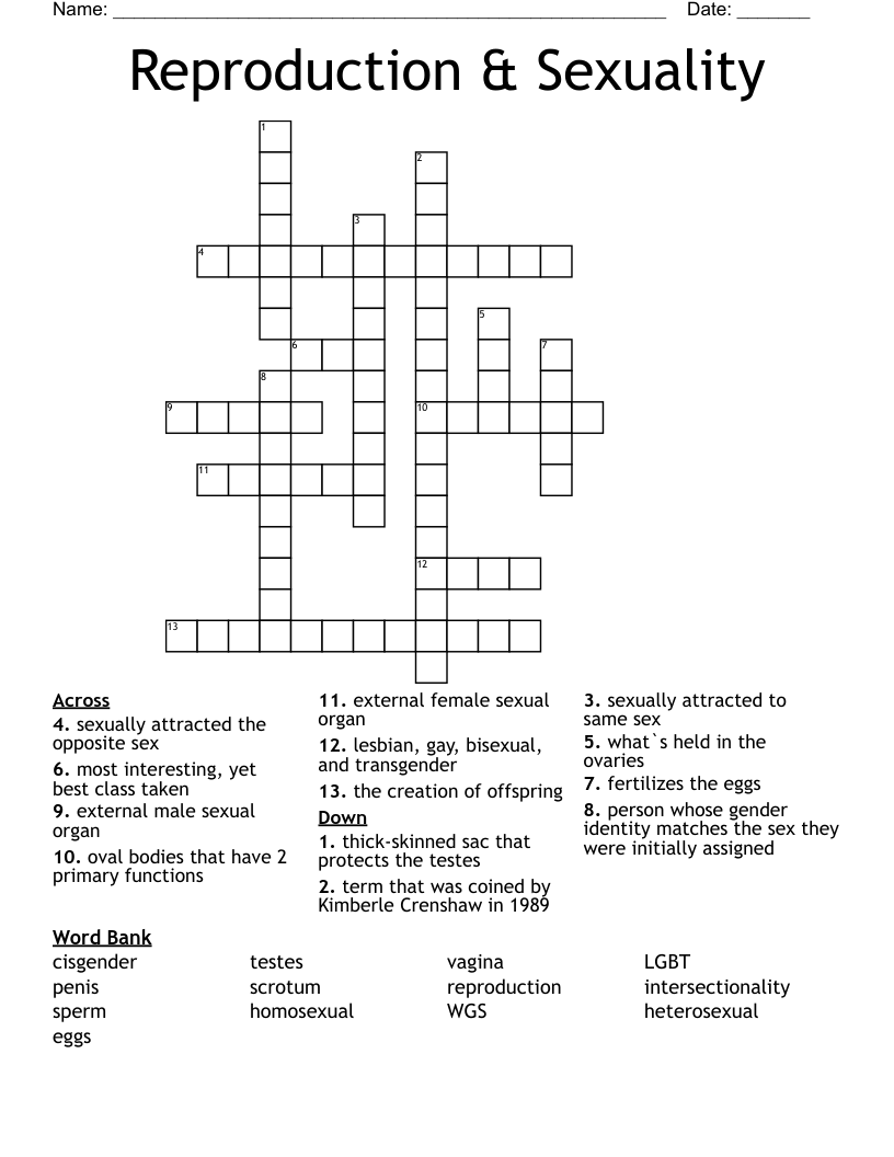 Reproduction & Sexuality Crossword