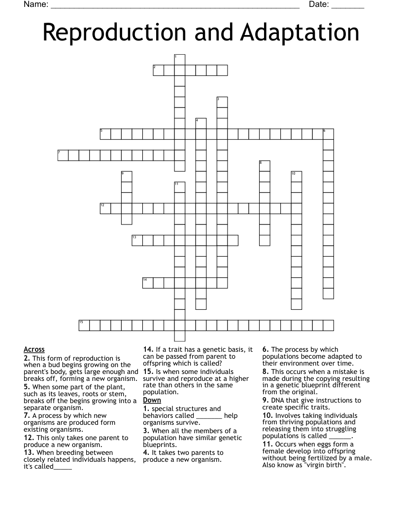 Reproduction and Adaptation Crossword
