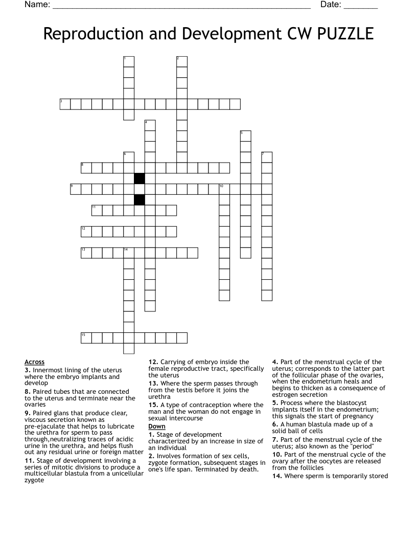 Reproduction and Development CW PUZZLE Crossword