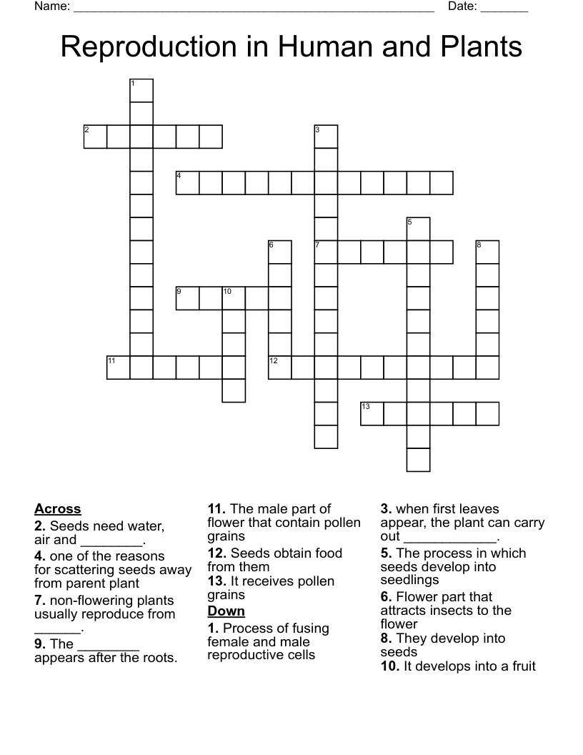 Reproduction in Human and Plants Crossword