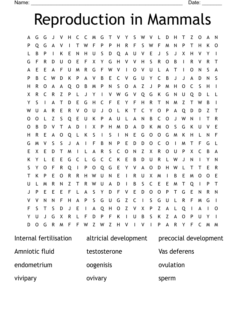 Reproduction in Mammals Word Search