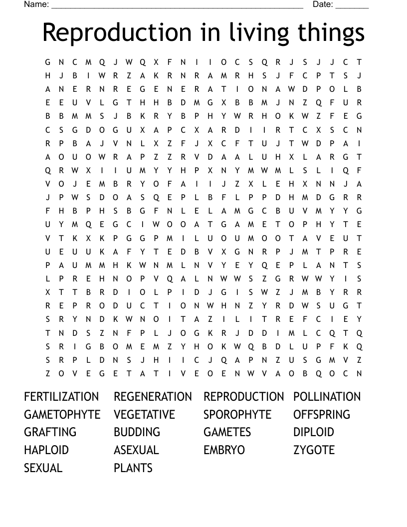 Reproduction in living things Word Search