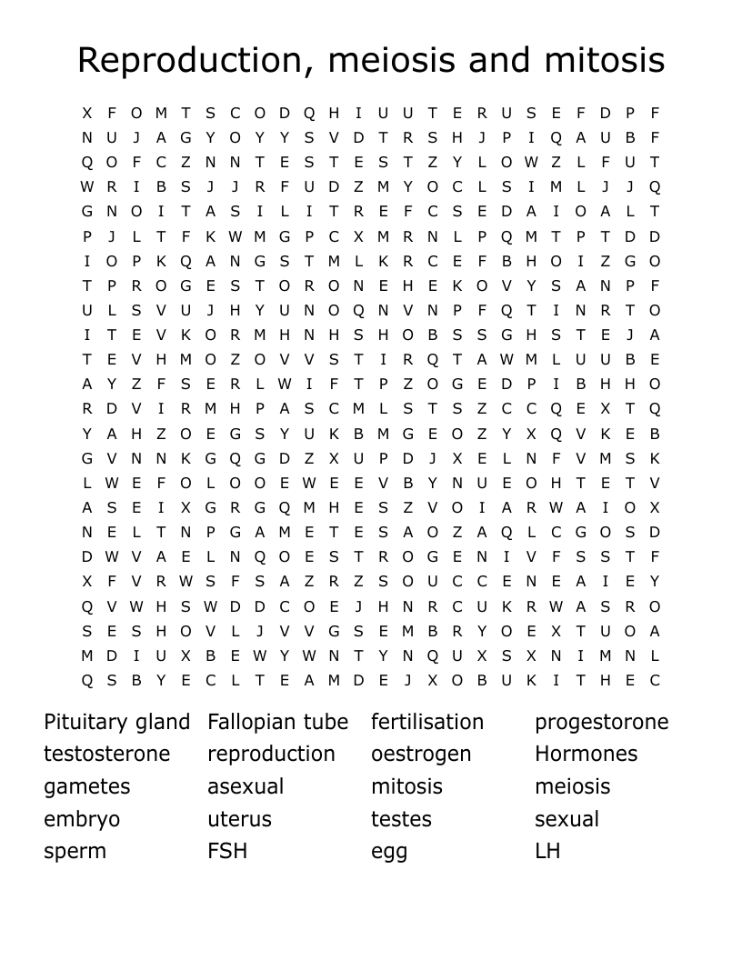 Reproduction, meiosis and mitosis Word Search