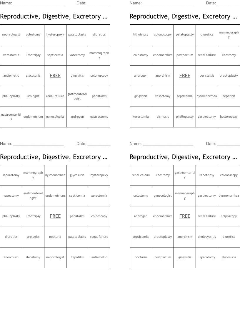 Reproductive, Digestive, Excretory Systems Bingo Cards
