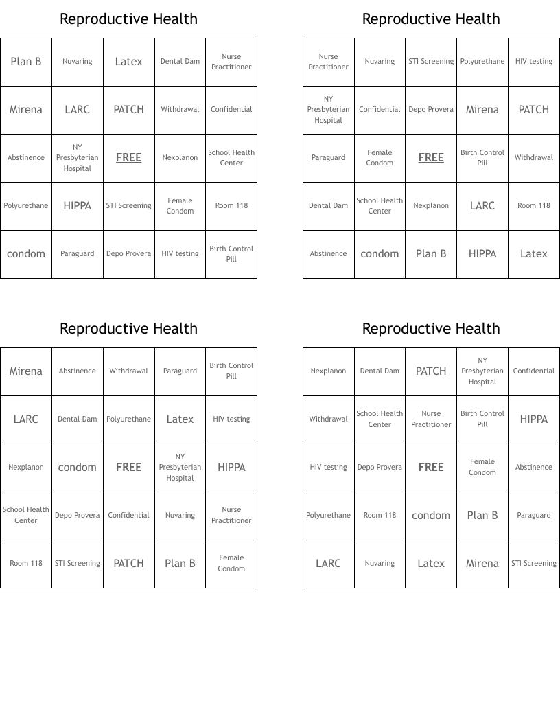 Reproductive Health Bingo Cards