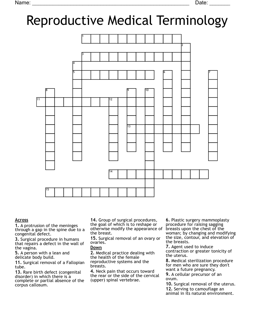 Reproductive Medical Terminology Crossword