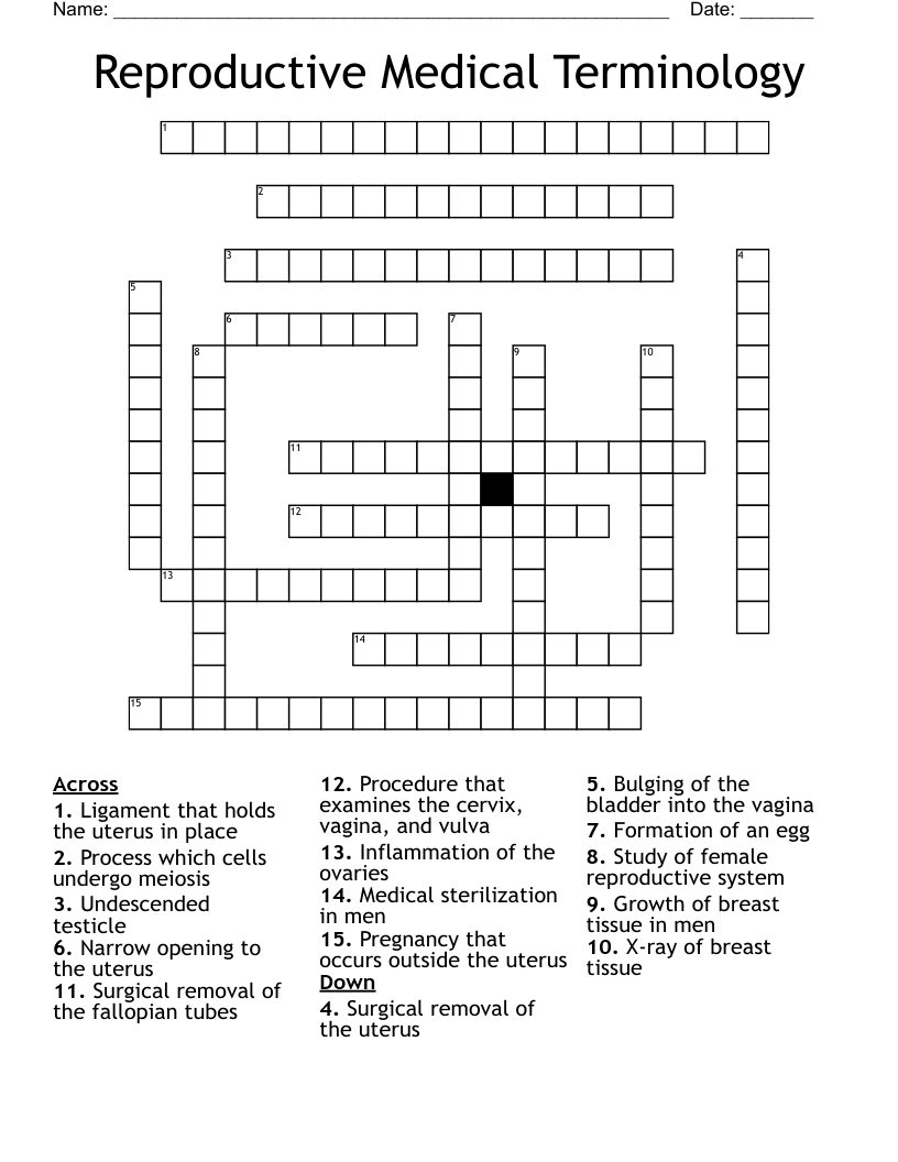 Reproductive Medical Terminology Crossword