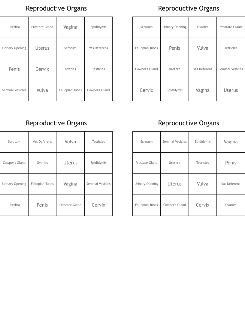 Reproductive Organs Bingo Cards