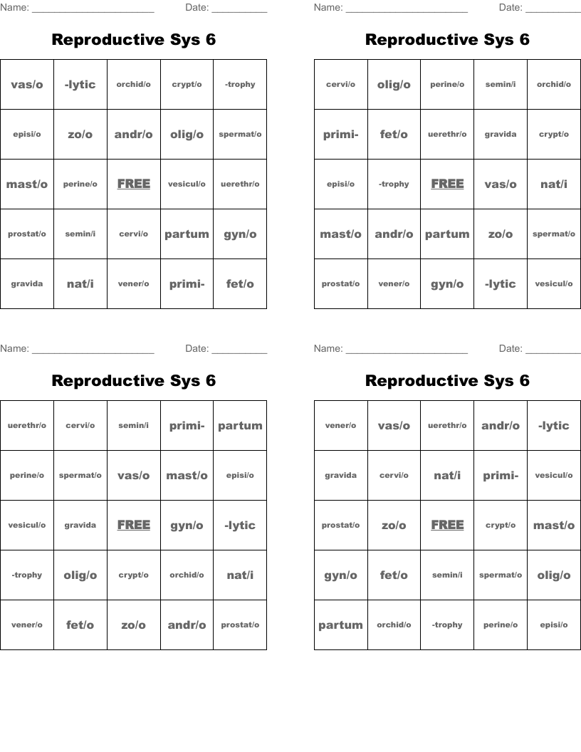 Reproductive Sys 6 Bingo Cards