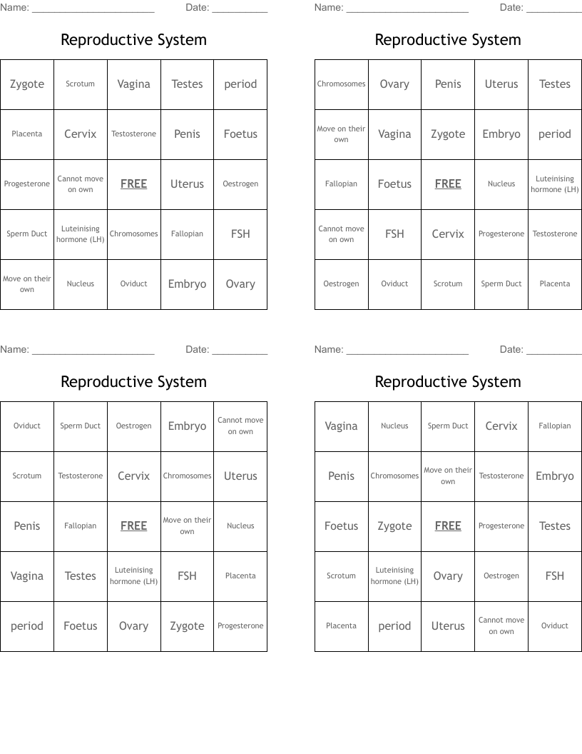 Reproductive System Bingo Cards