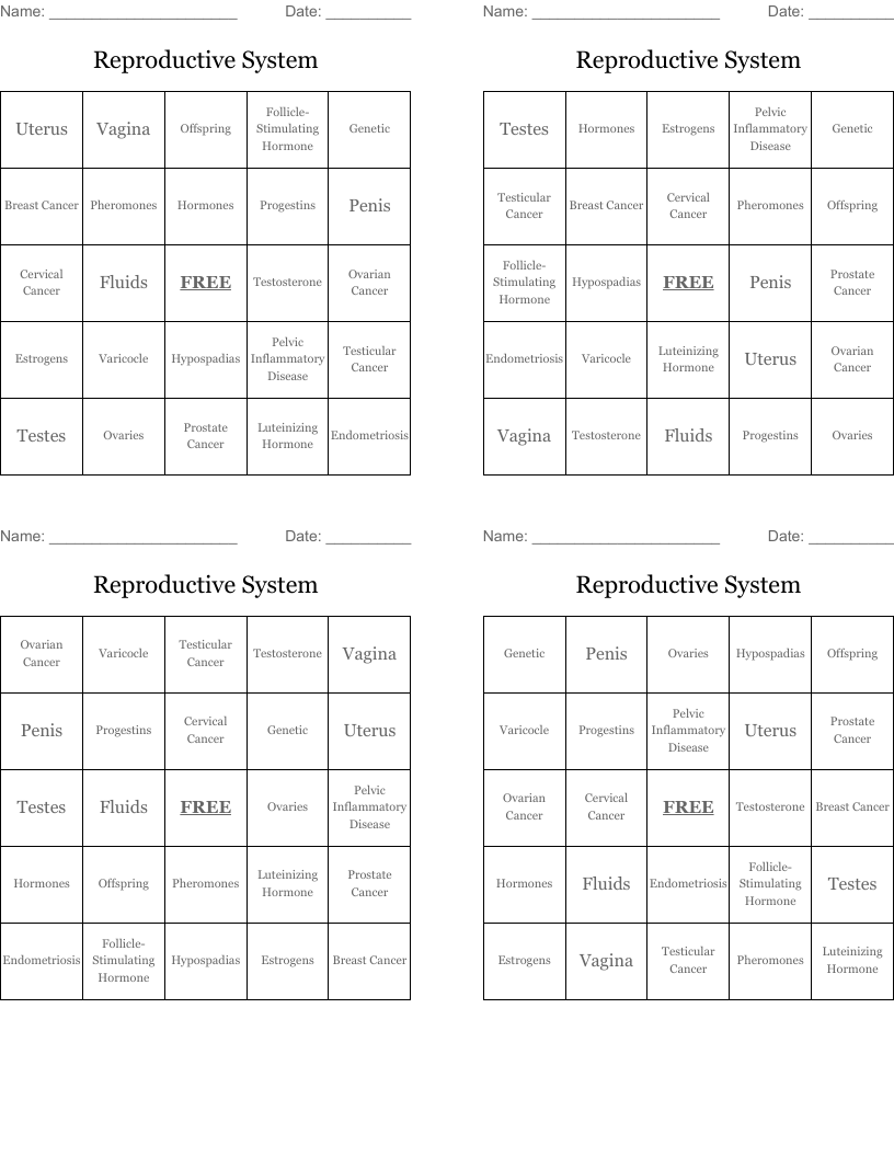 Reproductive System Bingo Cards