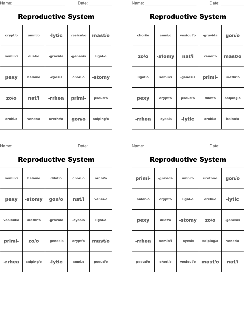 Reproductive System Bingo Cards