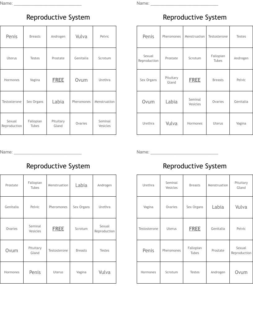 Reproductive System Bingo Cards