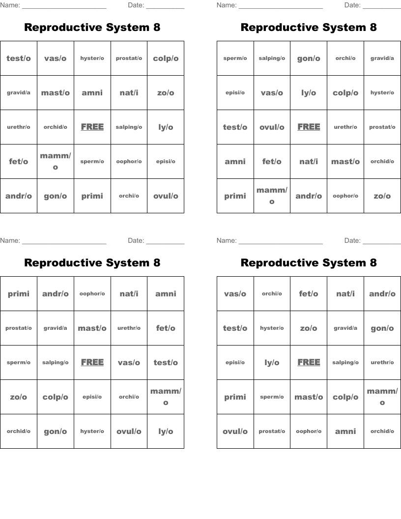Reproductive System 8 Bingo Cards