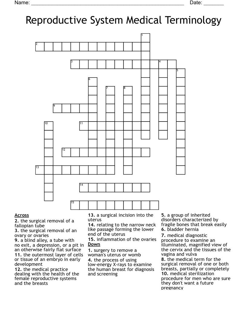 Reproductive System Medical Terminology Crossword