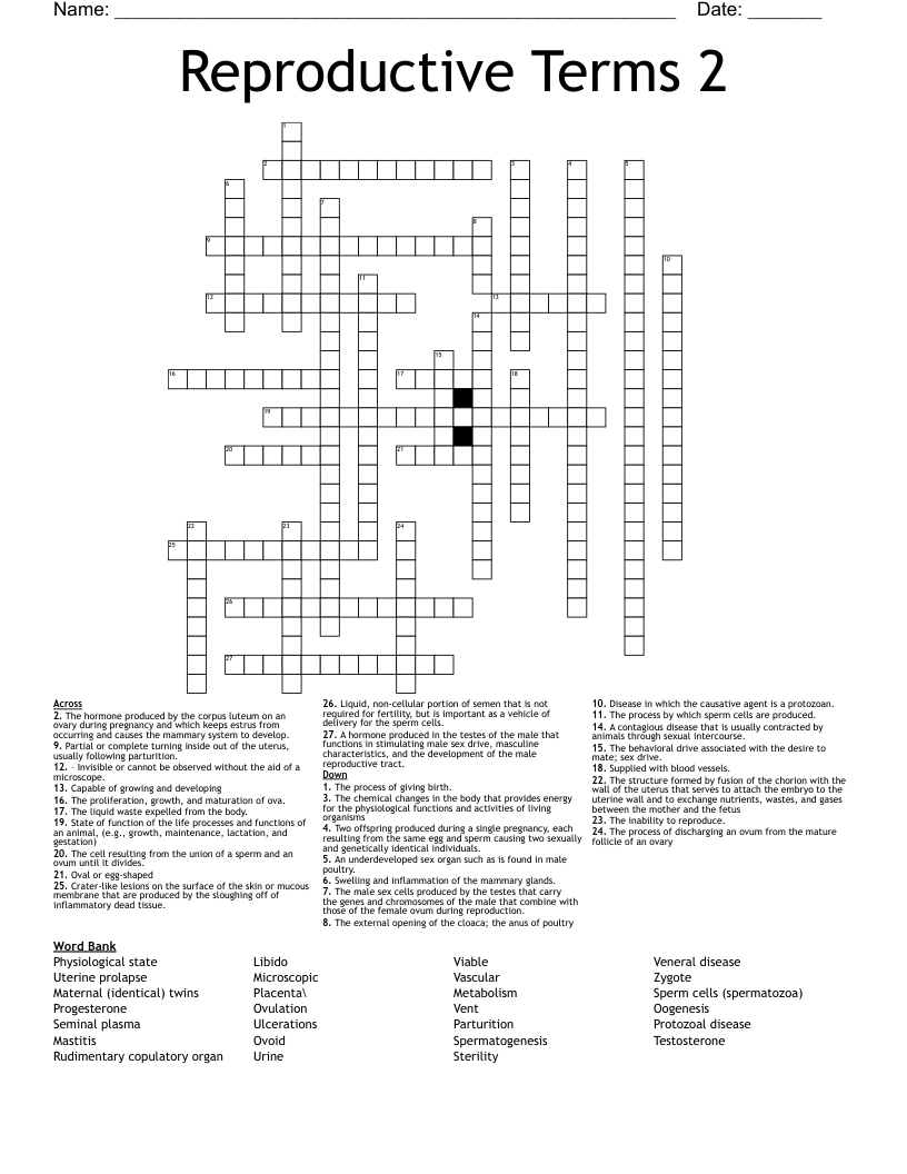 Reproductive Terms 2 Crossword