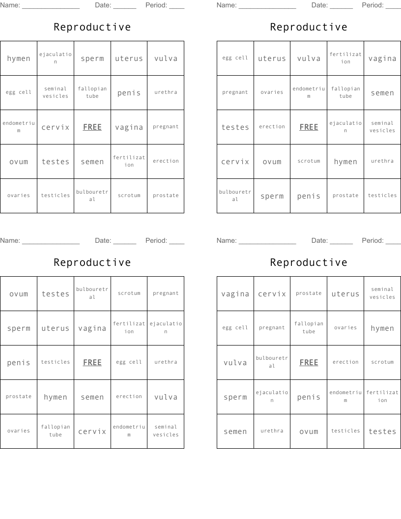 Reproductive  Bingo Cards
