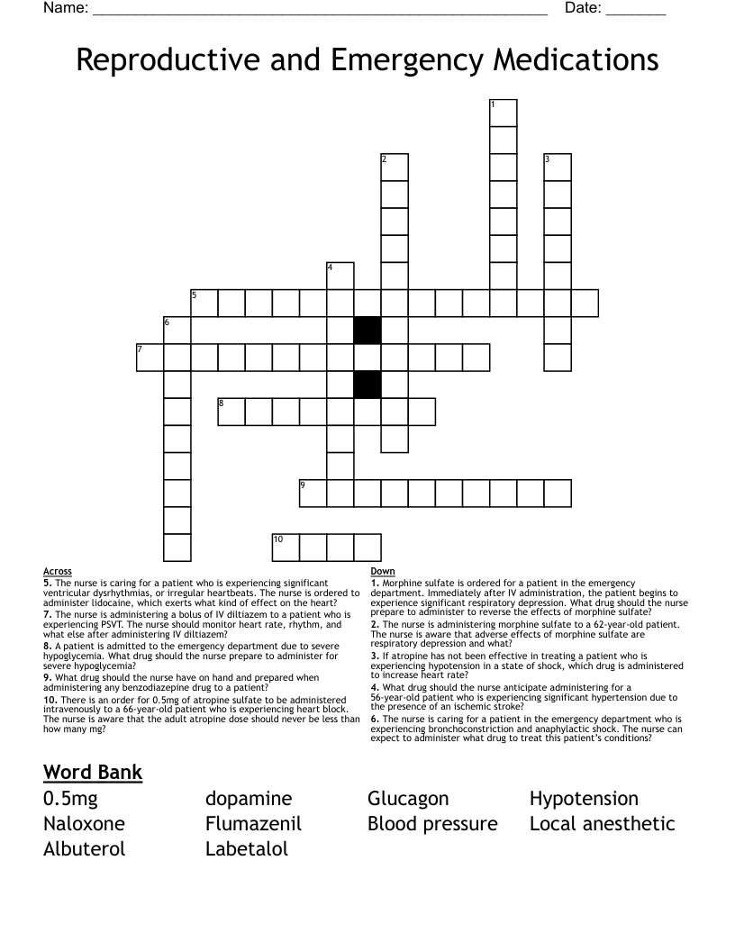 Reproductive and Emergency Medications Crossword