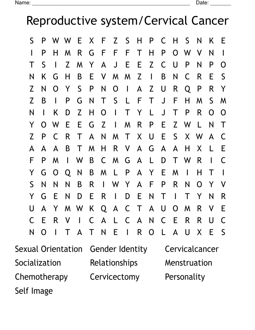 Reproductive system/Cervical Cancer Word Search