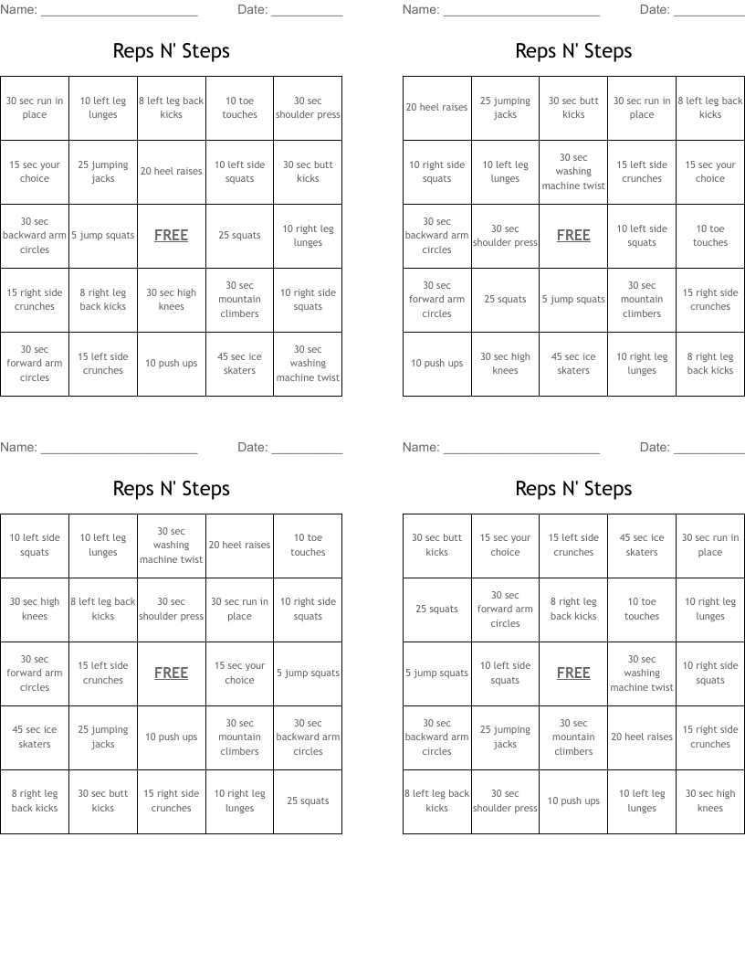 Reps N' Steps Bingo Cards