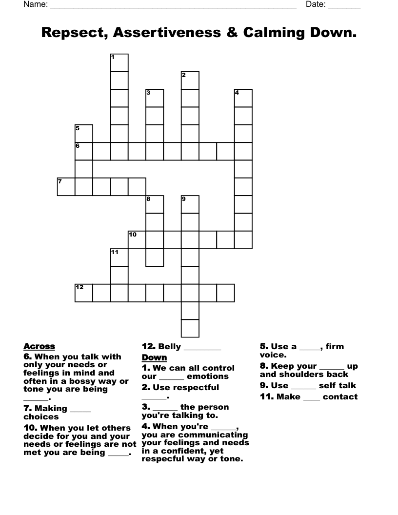 Repsect, Assertiveness & Calming Down. Crossword