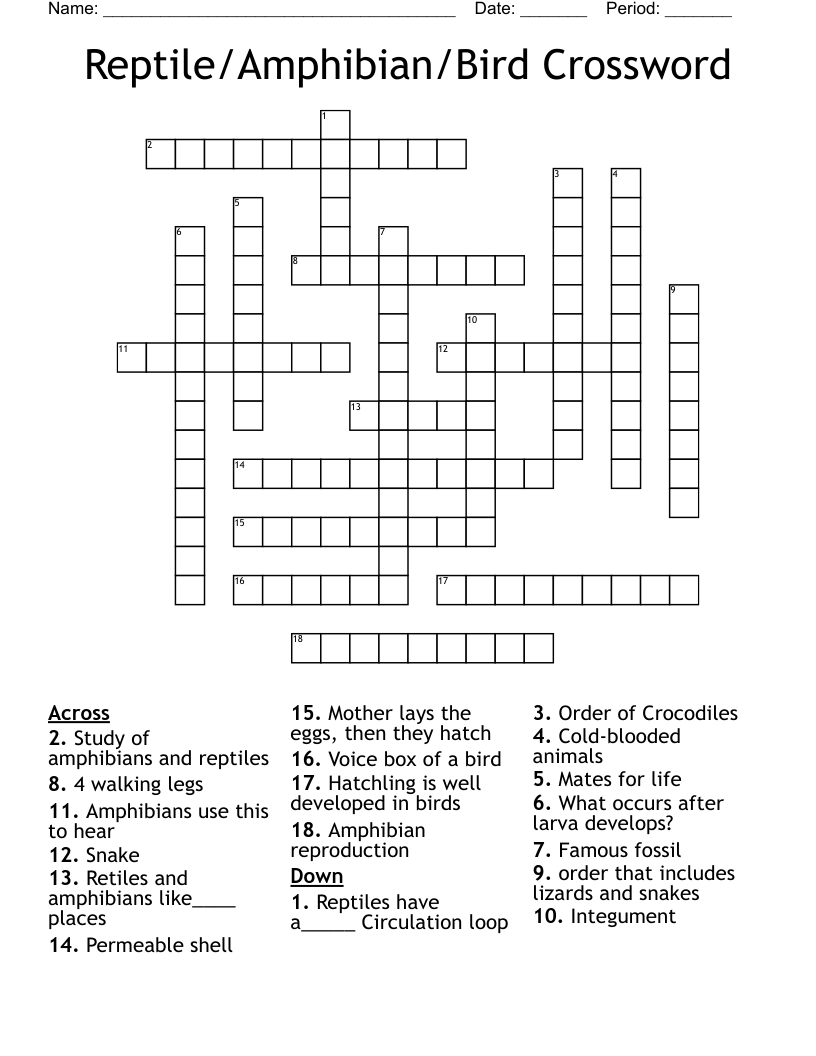 Reptile/Amphibian/Bird Crossword