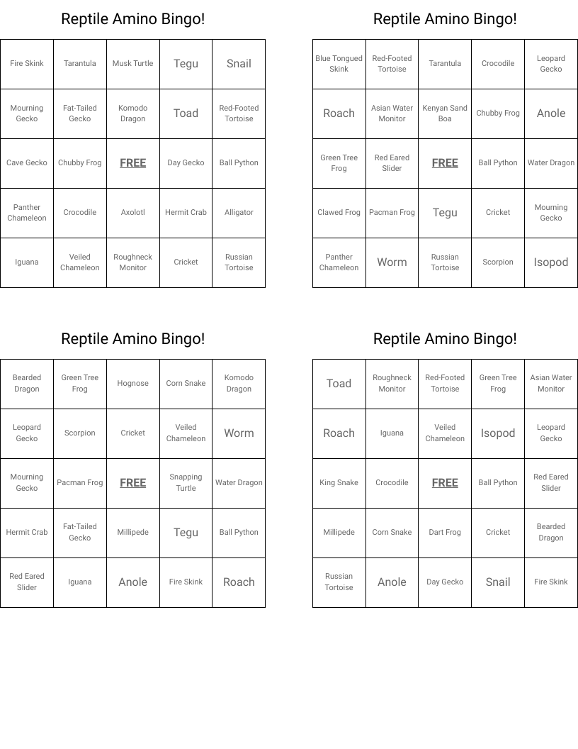Reptile Amino Bingo!