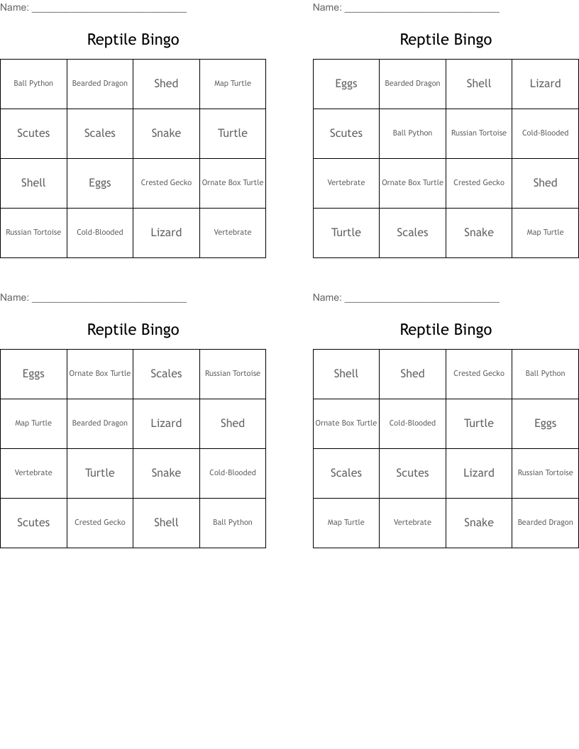 Reptile Bingo