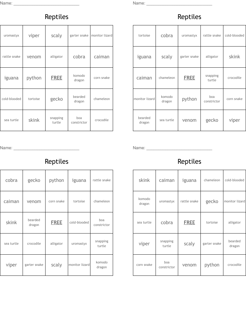 Reptiles Bingo Cards