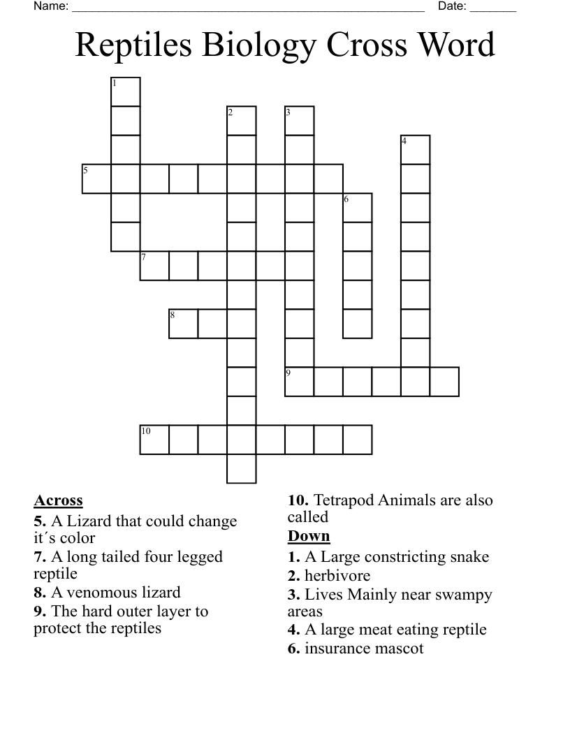Reptiles Biology Cross Word 