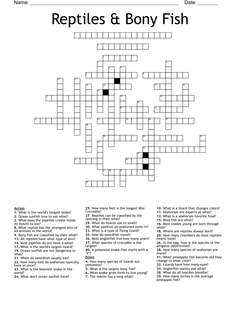 Reptiles & Bony Fish Crossword