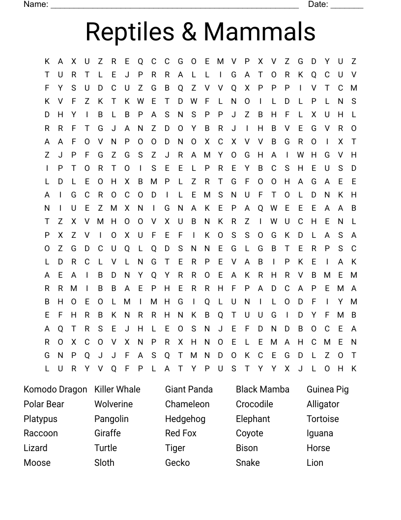 Reptiles & Mammals Word Search