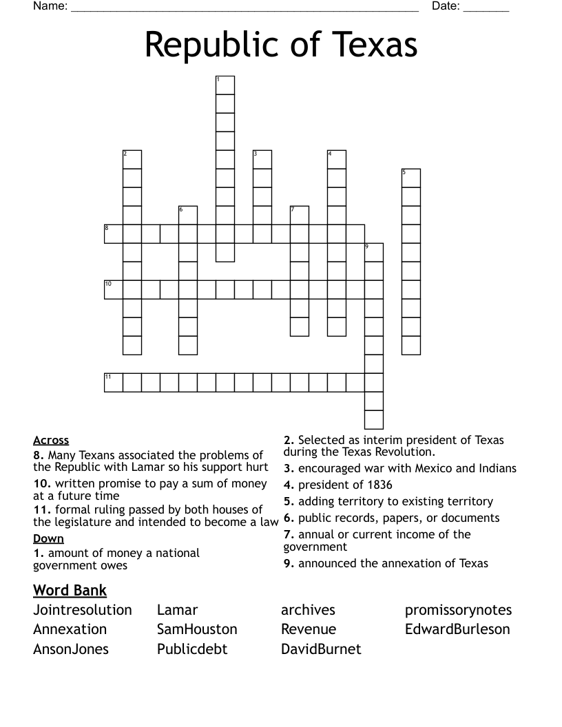 Republic of Texas Crossword