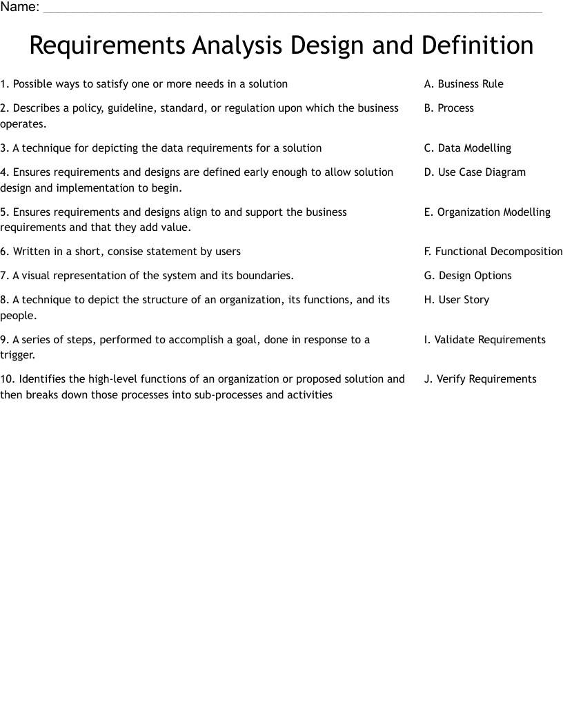 Requirements Analysis Design and Definition Worksheet