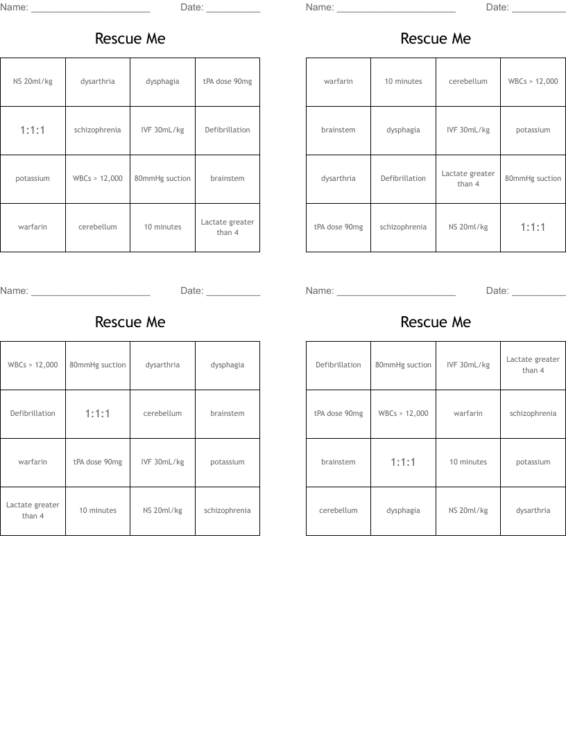 Rescue Me Bingo Cards