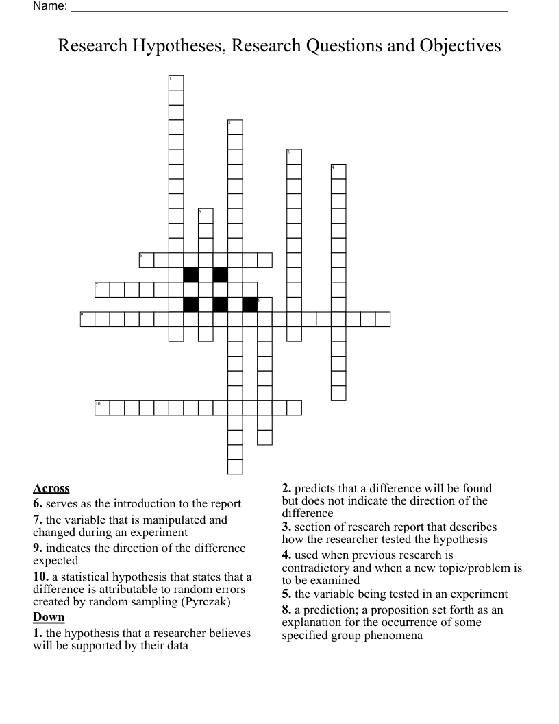 Research Hypotheses, Research Questions and Objectives Crossword