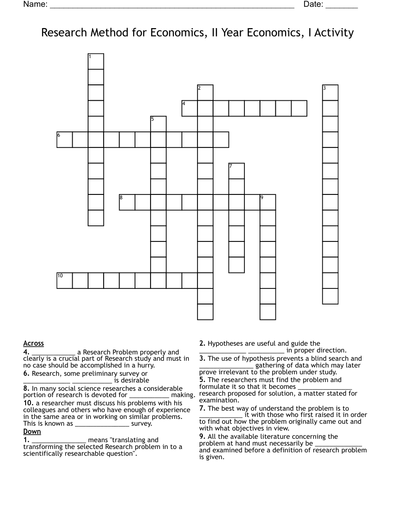 Research Method for Economics, II Year Economics, I Activity Crossword