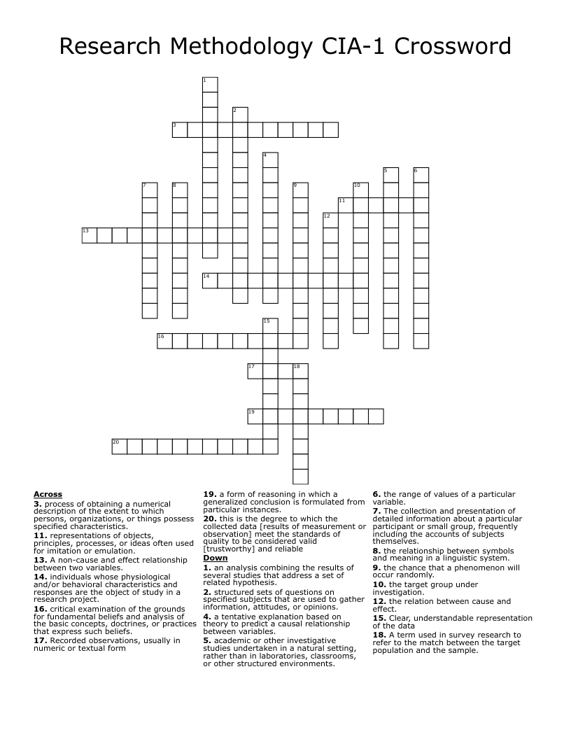 Research Methodology CIA-1 Crossword