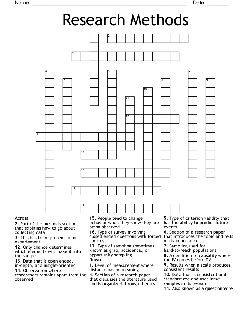 Research Methods Crossword