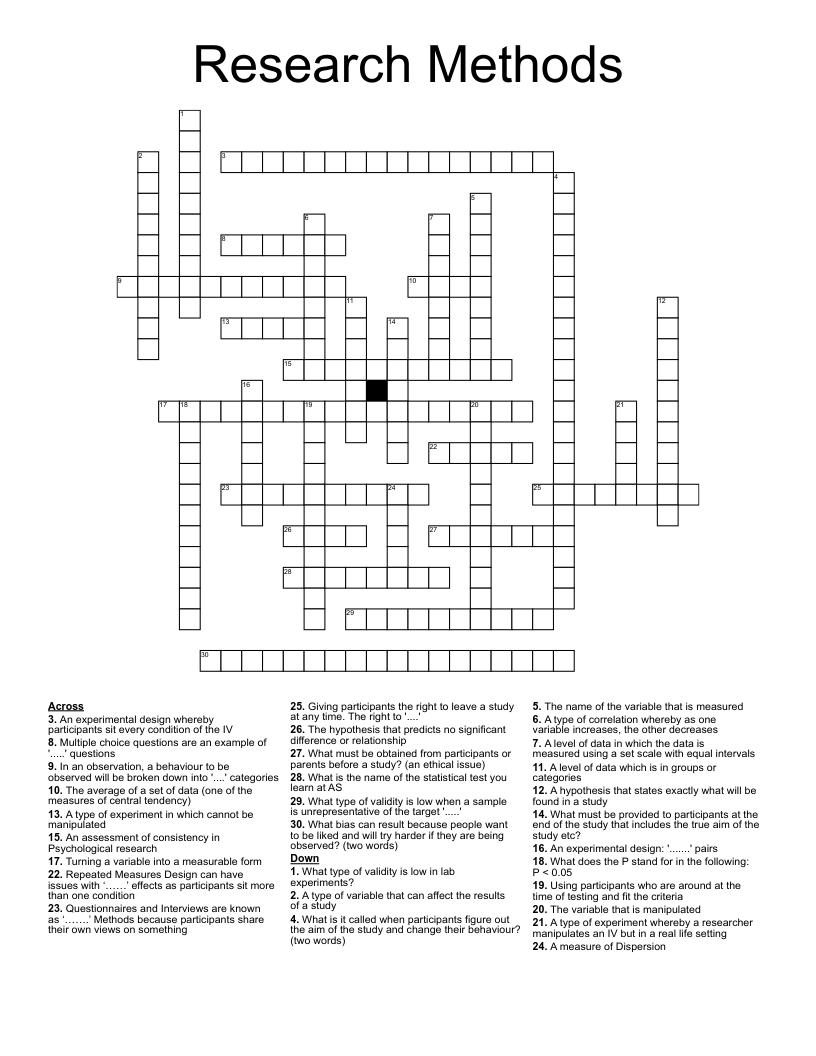 Research Methods Crossword