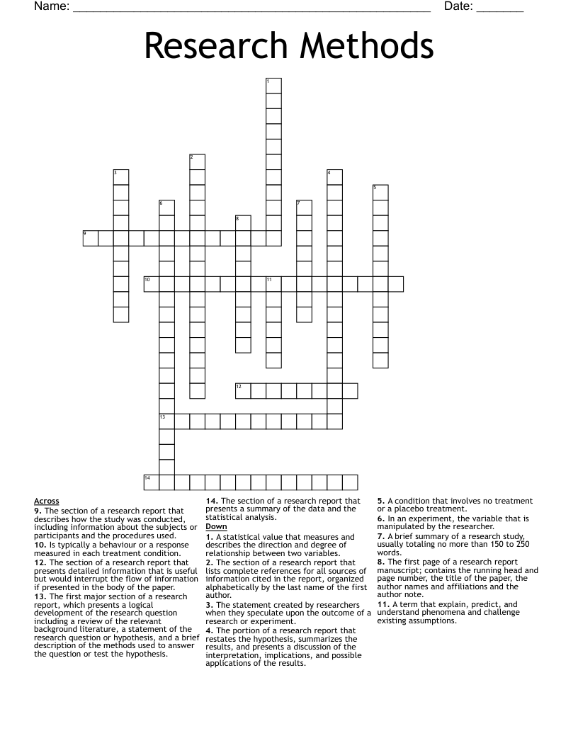 Research Methods Crossword
