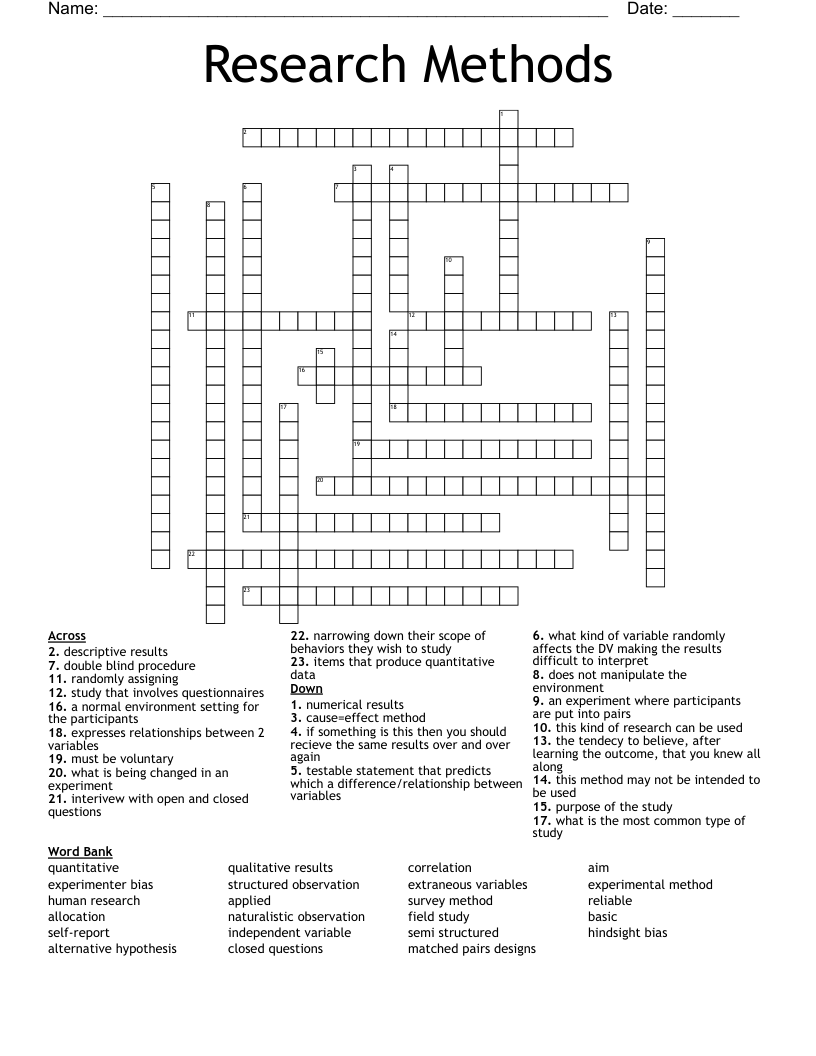 Research Methods  Crossword