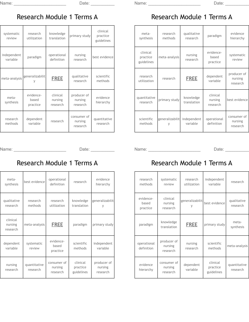Research Module 1 Terms A Bingo Cards