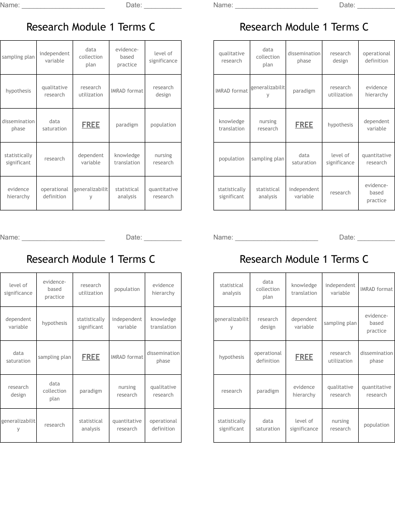 Research Module 1 Terms C Bingo Cards