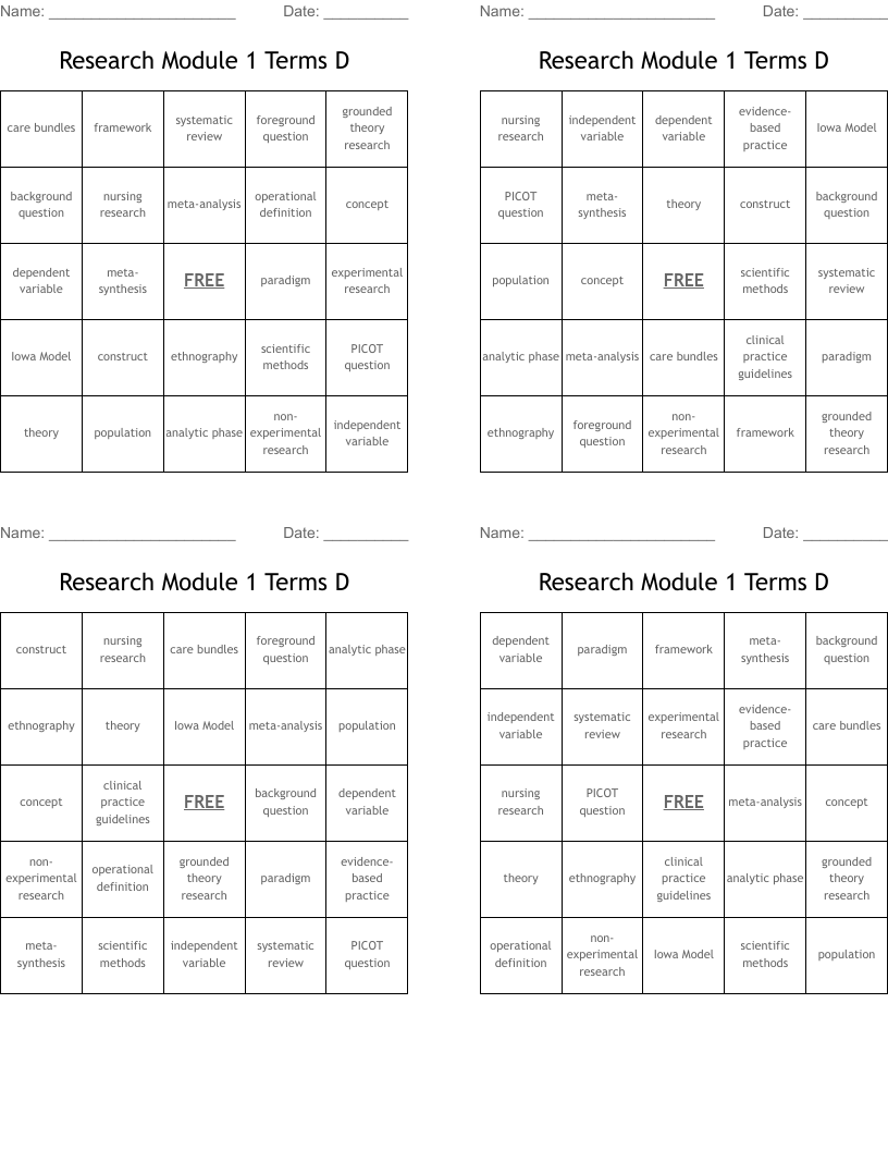 Research Module 1 Terms D Bingo Cards