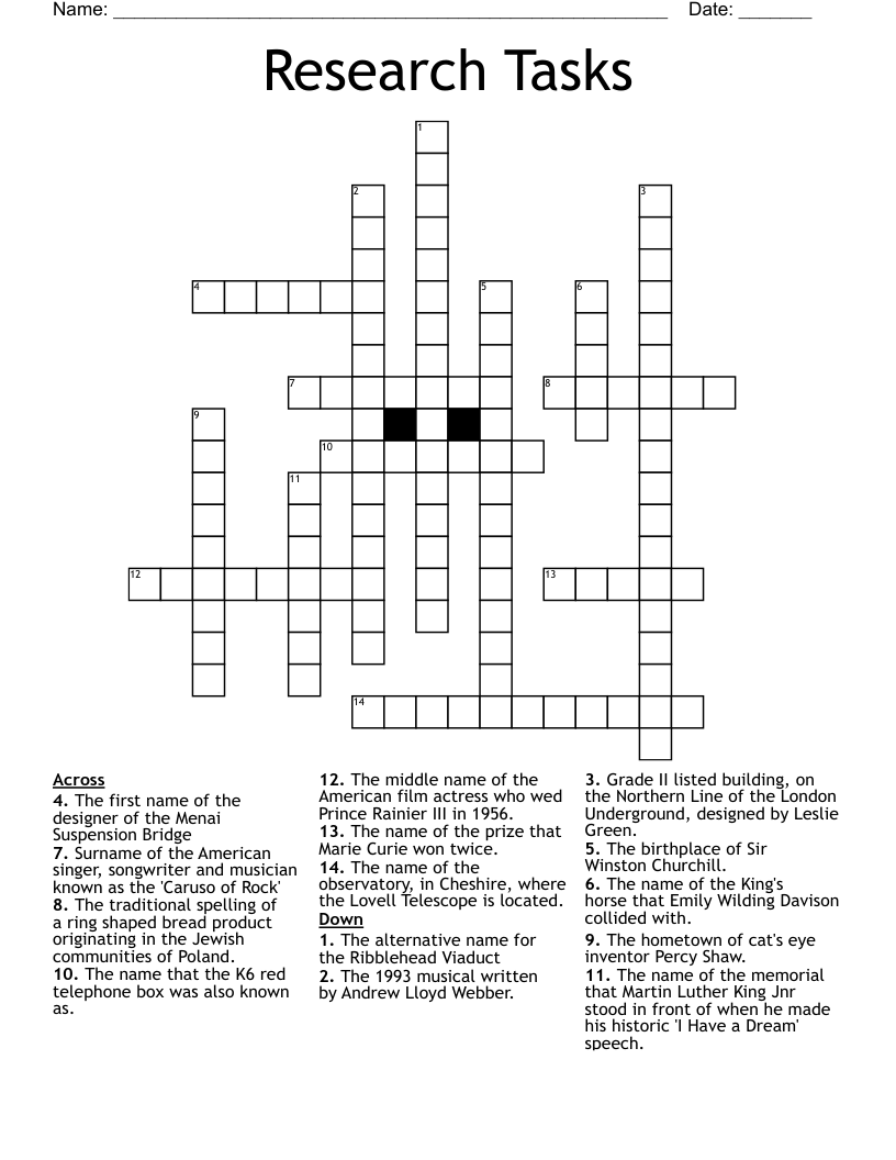 Research Tasks Crossword