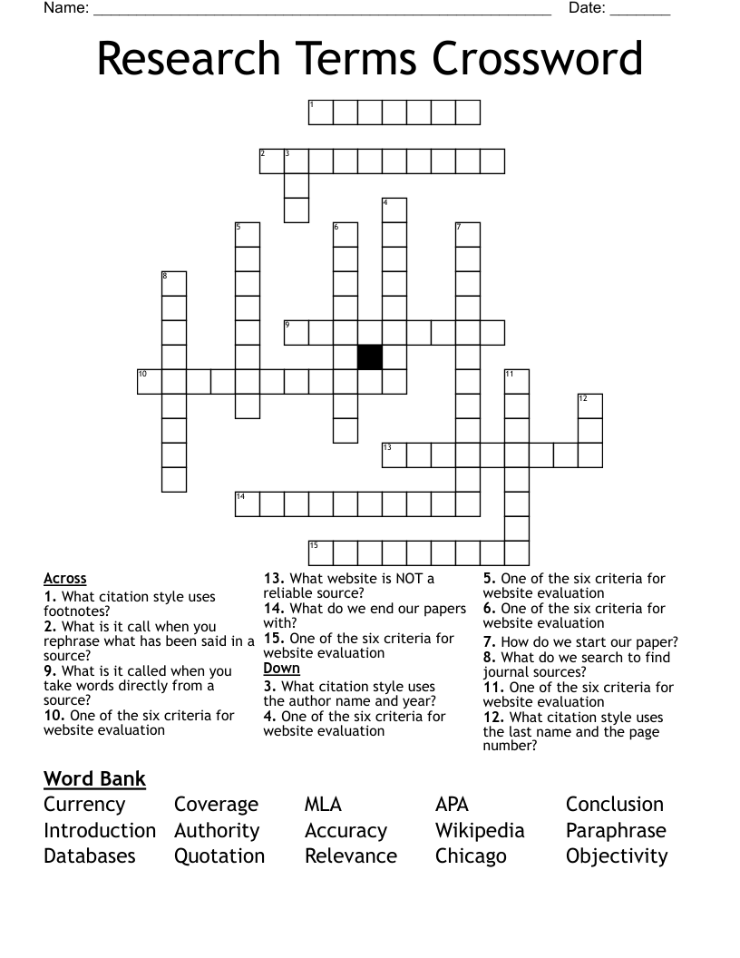 Research Terms Crossword