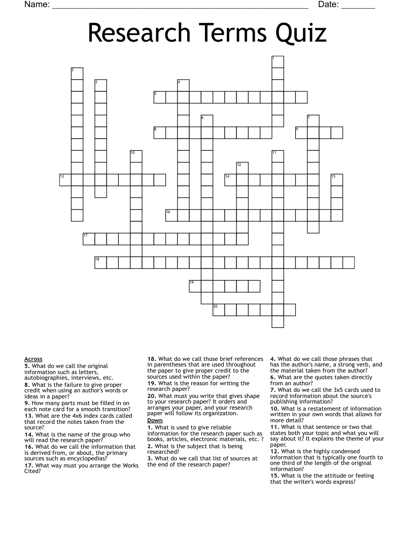 Research Terms Quiz Crossword
