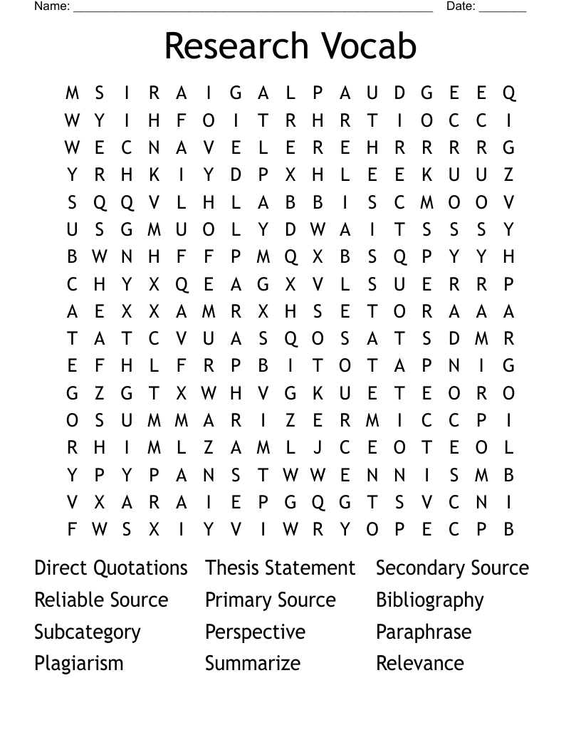 Research Vocab Word Search